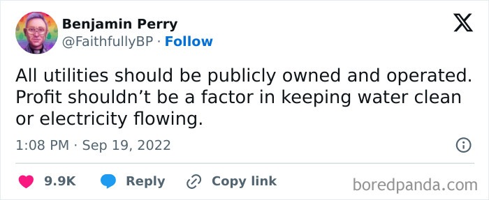 Post criticizing capitalism, advocating for public ownership of utilities to prioritize clean water and electricity.