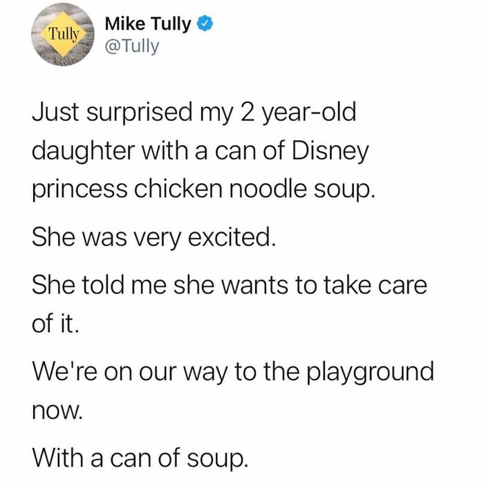 Parenting meme about a dad and his daughter's excitement over a can of Disney princess chicken noodle soup.