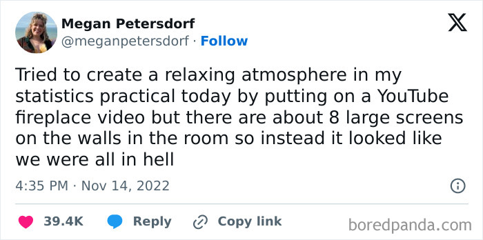 Funny tweet about trying to create a relaxing atmosphere with a YouTube fireplace video, leading to chaos.
