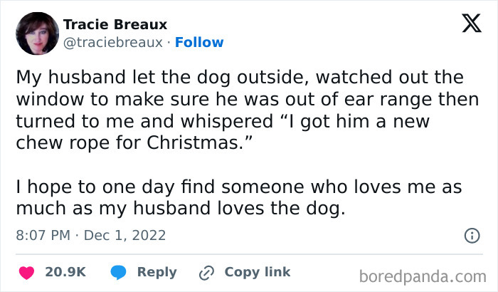 Funny tweet about husband prioritizing dog, humorously wishing for equal love.