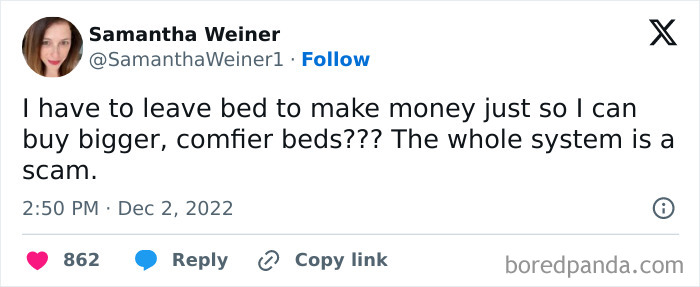 Tweet expressing frustration about working to afford comfort, reflecting millennial lifestyle humor.