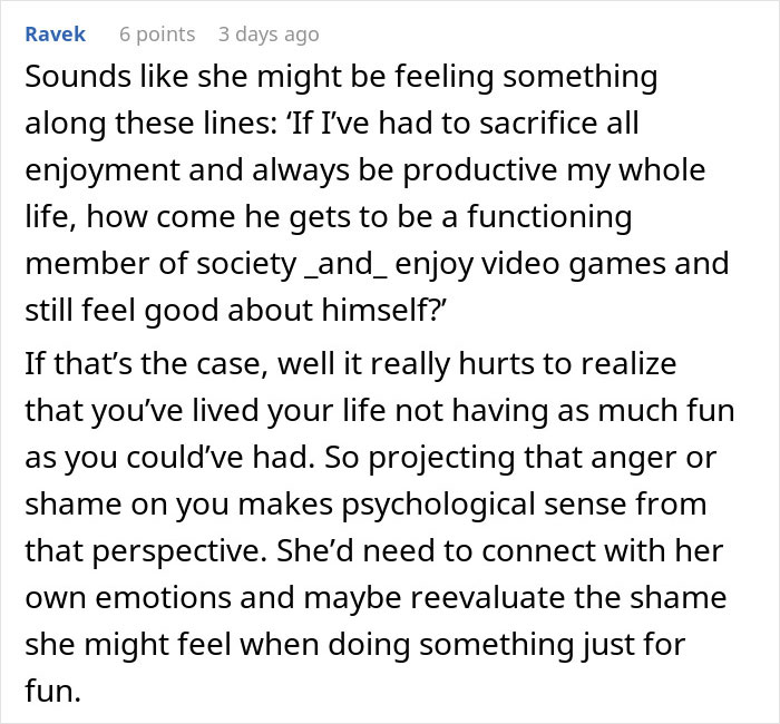 Text discussing relationship dynamics and perspectives on video games.