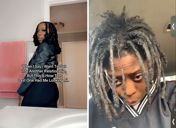 Person showing a transformation from being in a relationship to being single, with different hairstyles and outfits.