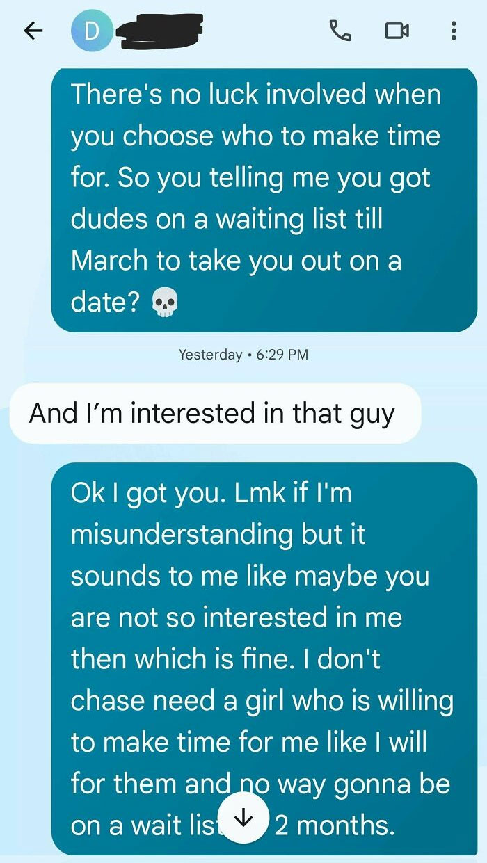 Text conversation about dating priorities and time management.