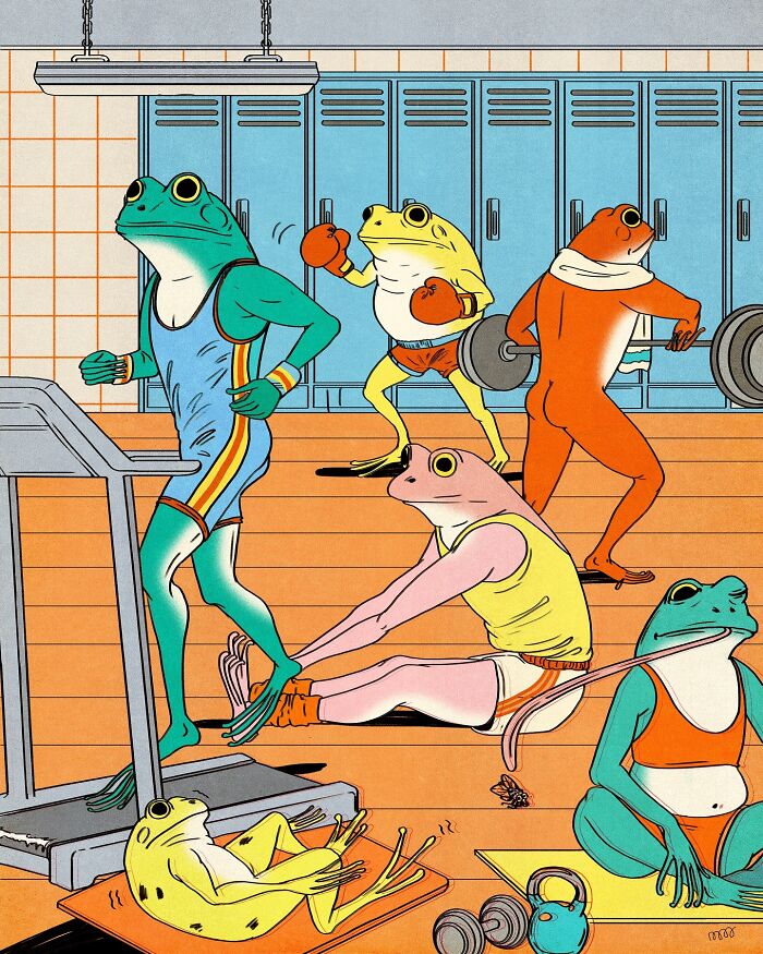 Frogs exercising at a gym with vivid colors, showcasing funny and relatable illustrations by María Jesús Contreras.