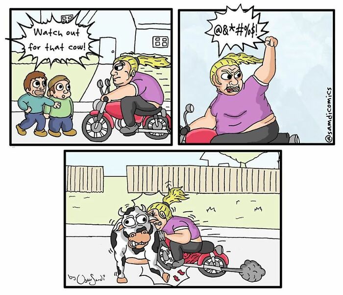 Comic featuring a dark twist where a biker ignores warnings and crashes into a cow, shared by the Bored Panda community.