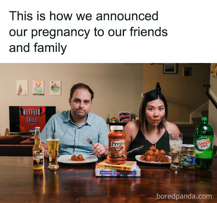 Couple humorously announcing pregnancy with food and drinks, reflecting relatable parenting themes.
