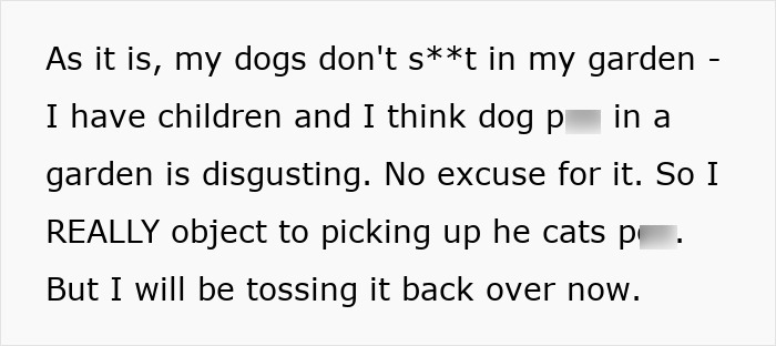 Text image revealing a conflict about dogs and cats using a yard as a toilet.