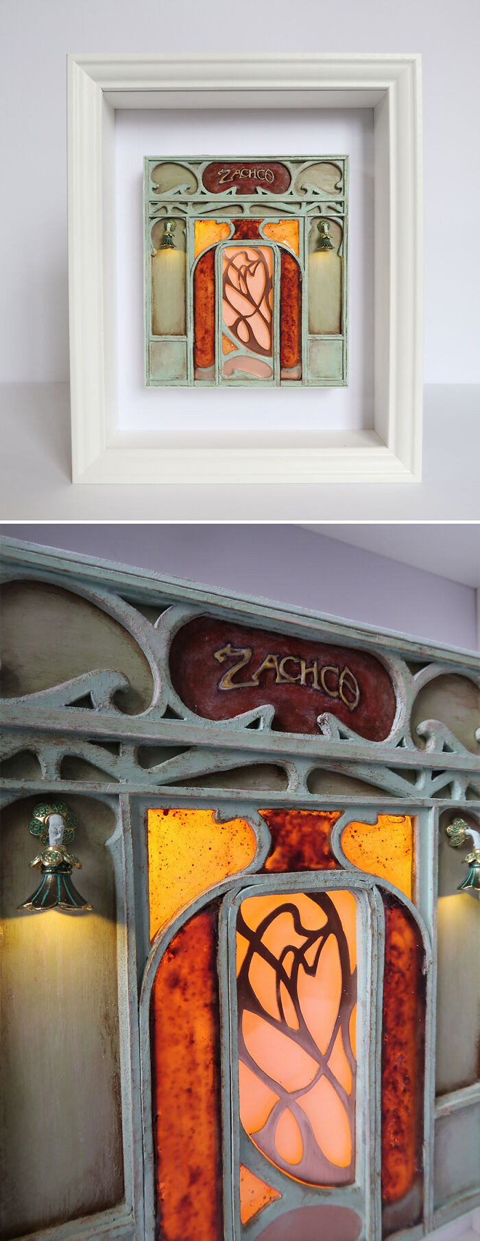 Miniature art by Tamar Cohen, framed and featuring intricate stained glass design with ornate details in a vivid color palette.