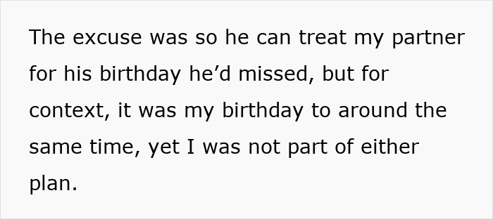 Text on white background describing frustration over SIL's controlling behavior and exclusion from partner's birthday plans.