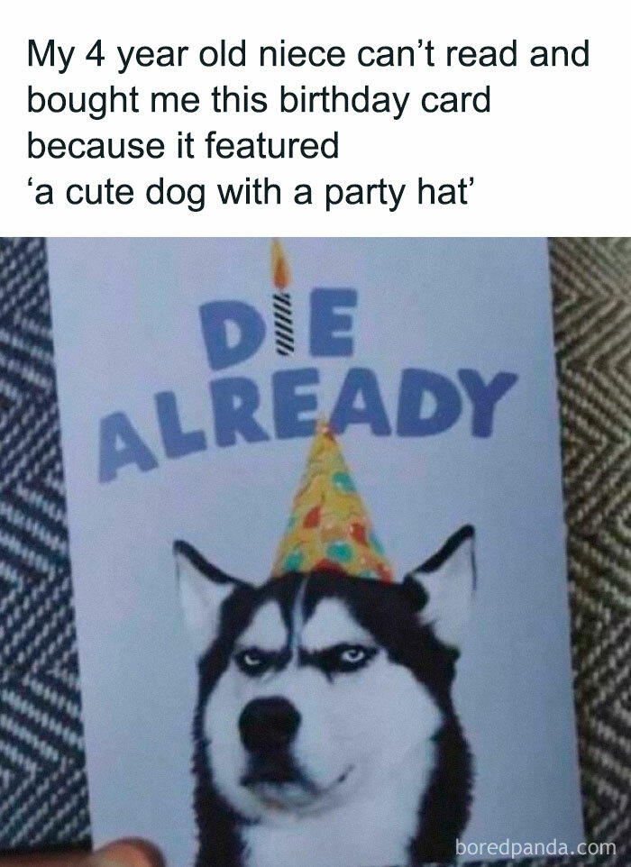A funny meme of a dog wearing a party hat on a comedic birthday card.