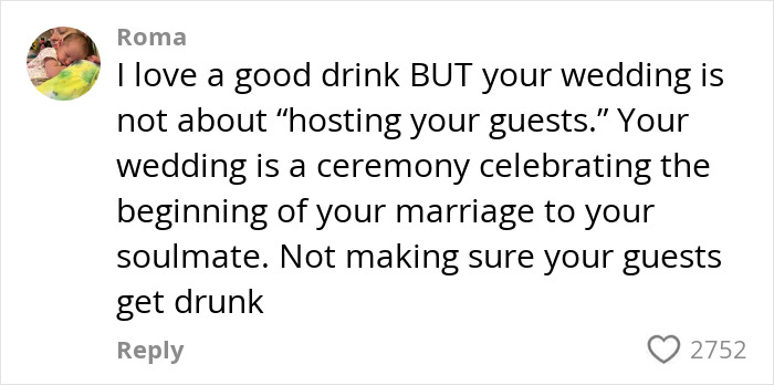 Comment responding to controversy over dry weddings, gathering online community backlash. Comment responding to controversy over dry weddings, gathering online community backlash.