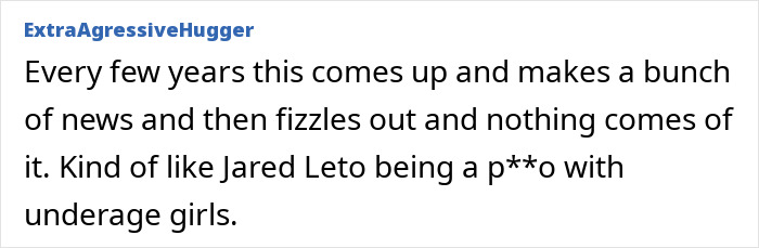Comment discussing recurring news about Jon Hamm's past, mentioning Jared Leto.