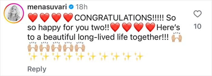 Screenshot of congratulations message and emojis for lovebirds Kristen Stewart and Dylan Meyer on Instagram.