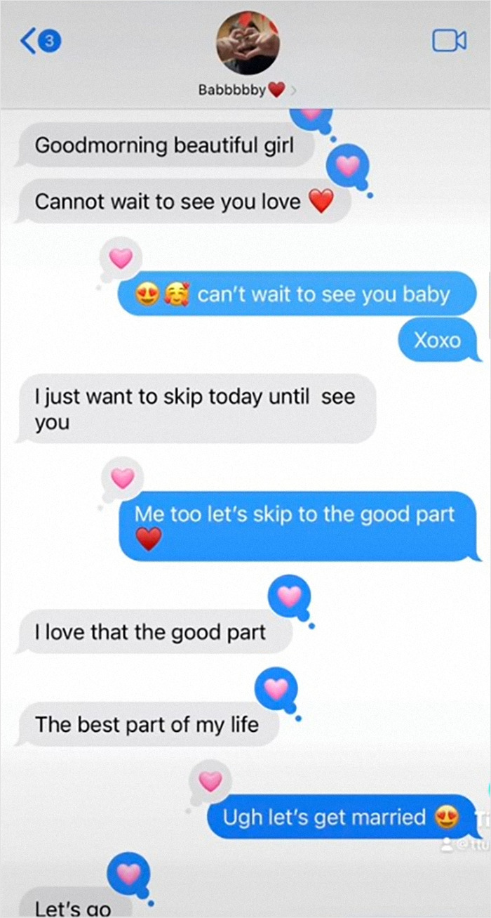 Text conversation about skipping to the good part and getting married, highlighted with heart emojis.