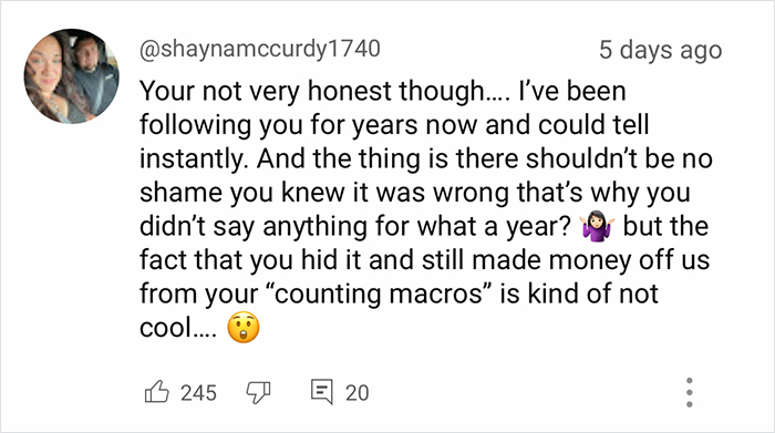 Social media comment accusing fitness influencer of dishonesty about weight loss and counting macros, sparking cancelation. Social media comment accusing fitness influencer of dishonesty about weight loss and counting macros, sparking cancelation.