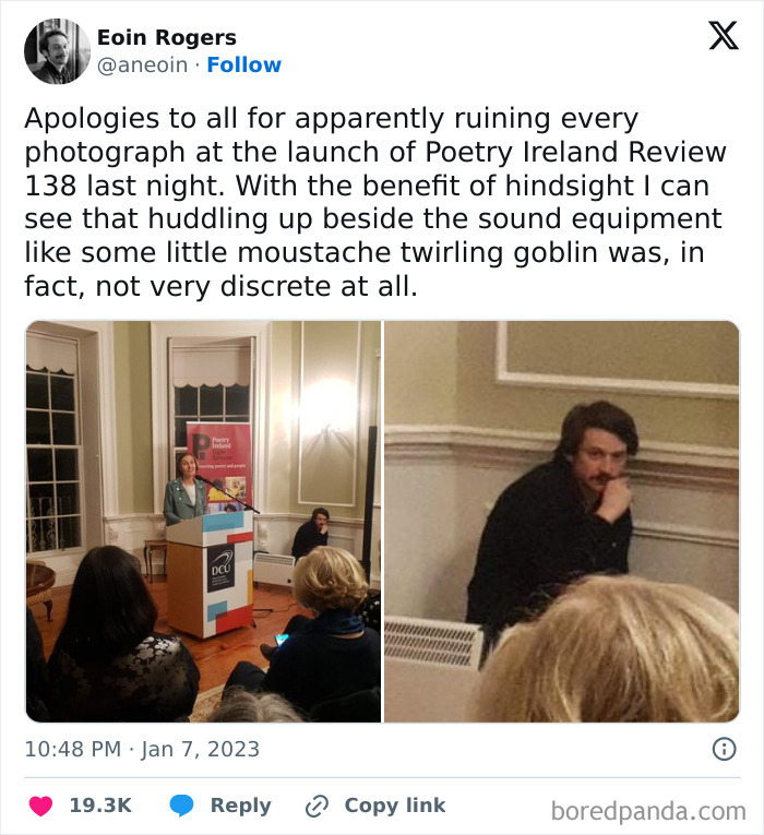 Man crouched beside sound equipment at event, described humorously as a "moustache twirling goblin" in a funny meme.