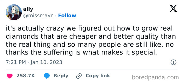 Tweet highlights irony in diamond industry, reflecting struggles living in capitalism.