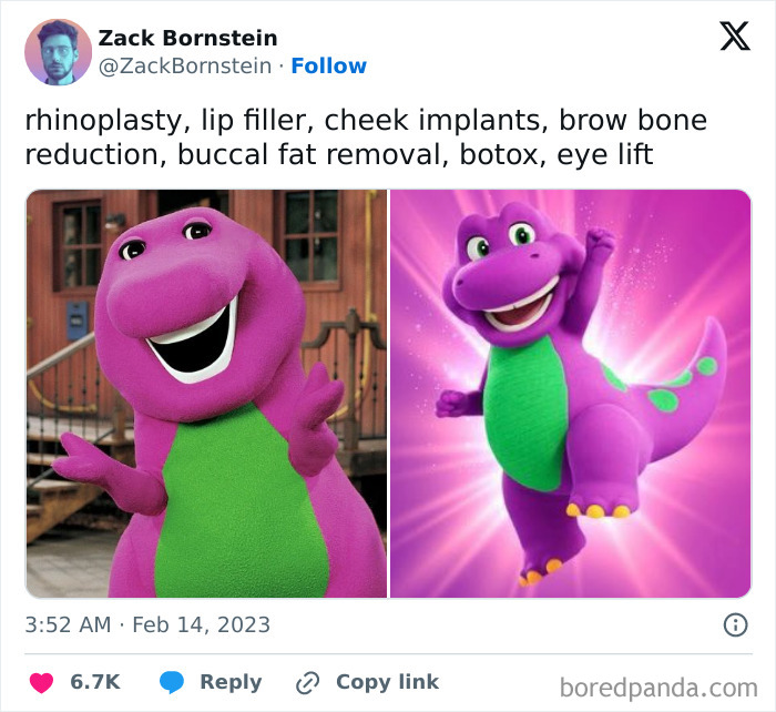 Millennial humor meme with a purple dinosaur before and after playful "enhancements."