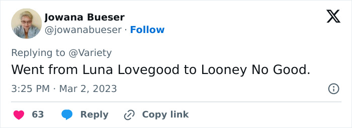 Harry Potter star tweet reads, "Went from Luna Lovegood to Looney No Good," timestamped March 2, 2023. Harry Potter star tweet reads, "Went from Luna Lovegood to Looney No Good," timestamped March 2, 2023.