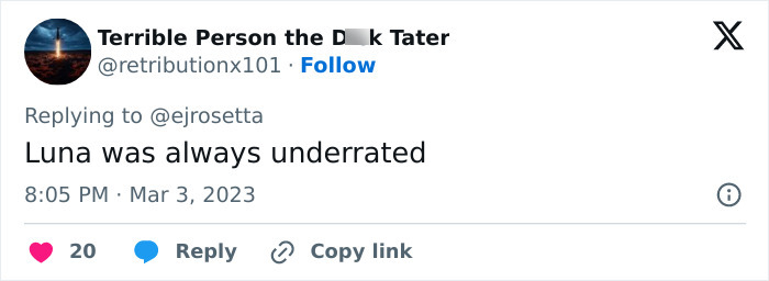 Tweet about Luna's underrated status, related to Harry Potter star's silence after JK Rowling backlash. Tweet about Luna's underrated status, related to Harry Potter star's silence after JK Rowling backlash.