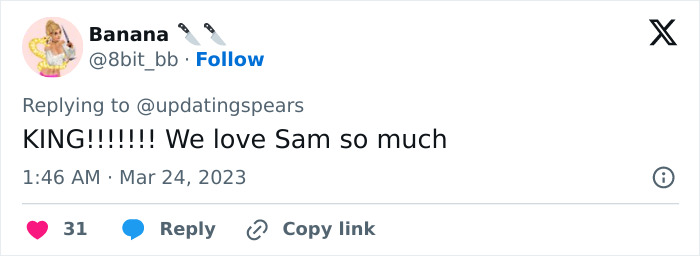 Tweet screenshot supporting Sam Asghari, showing enthusiasm and admiration for him.