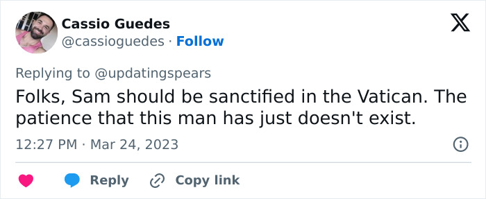 Tweet about Sam Asghari's patience, suggesting Vatican sainthood, with user response displayed.