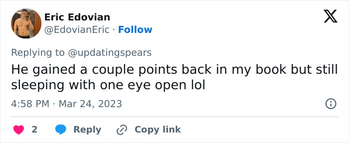 Tweet response to Britney Spears in red dress on motorcycle after ex's marriage remark.