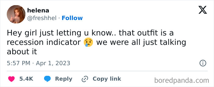 Tweet joking about an outfit as a recession indicator with emoji, by user helena.