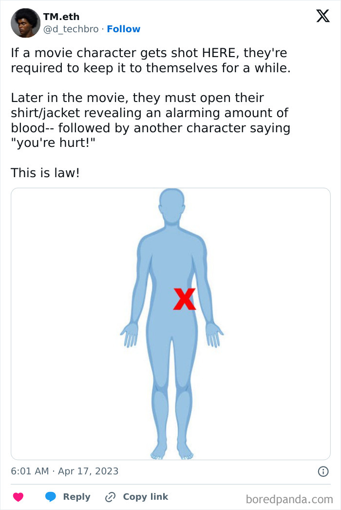 Funny meme illustrating sarcasm about movie characters hiding gunshot wounds.