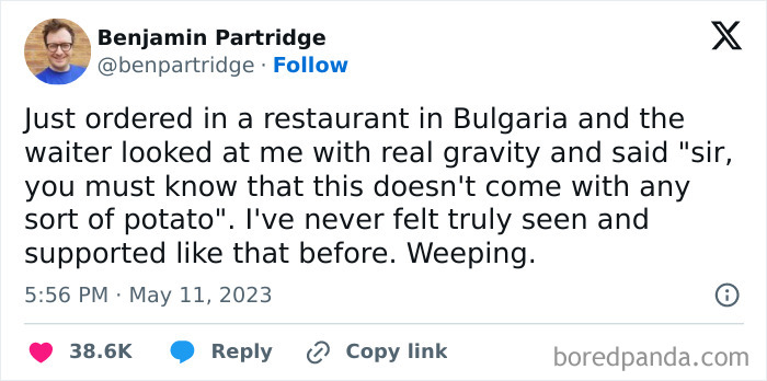 Millennial humor meme about ordering food in Bulgaria and the waiter’s serious warning about no potatoes, causing amusement.