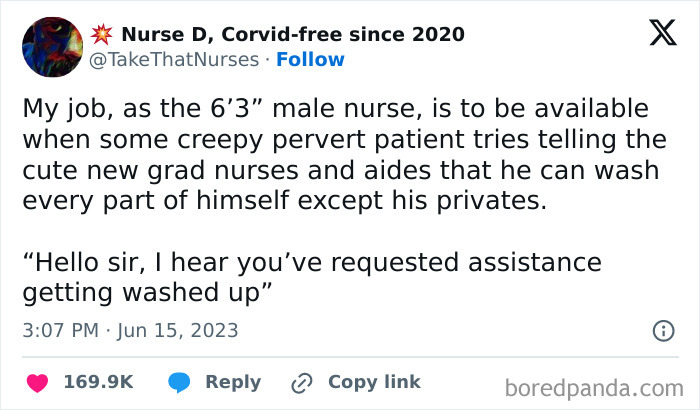 Tall male nurse humorously addresses awkward patient request, adding levity to a long day with funny memes.