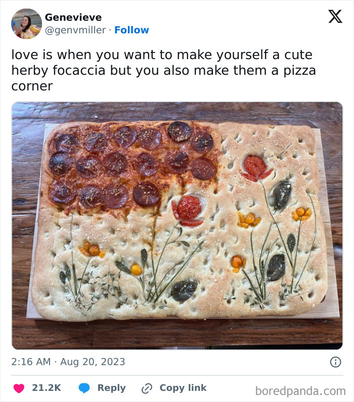 Half focaccia with herbs and half pepperoni pizza corner, combining pure and uplifting moments in a creative food design.