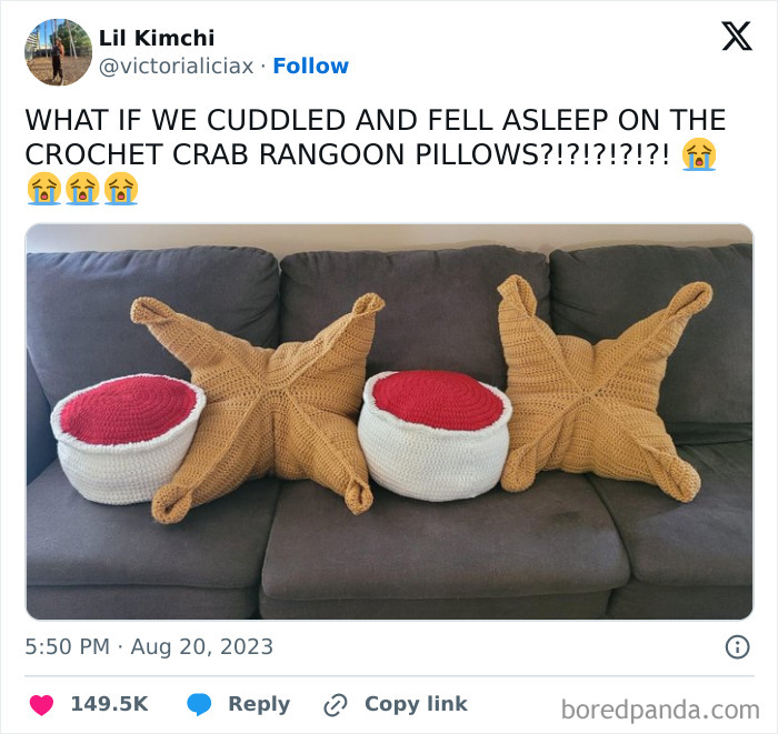 Funny meme showing crochet crab rangoon pillows on a couch; perfect for sharing with friends.