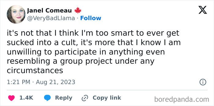 Anti-social meme text about avoiding group projects and cults, seen in a humorous Twitter post.