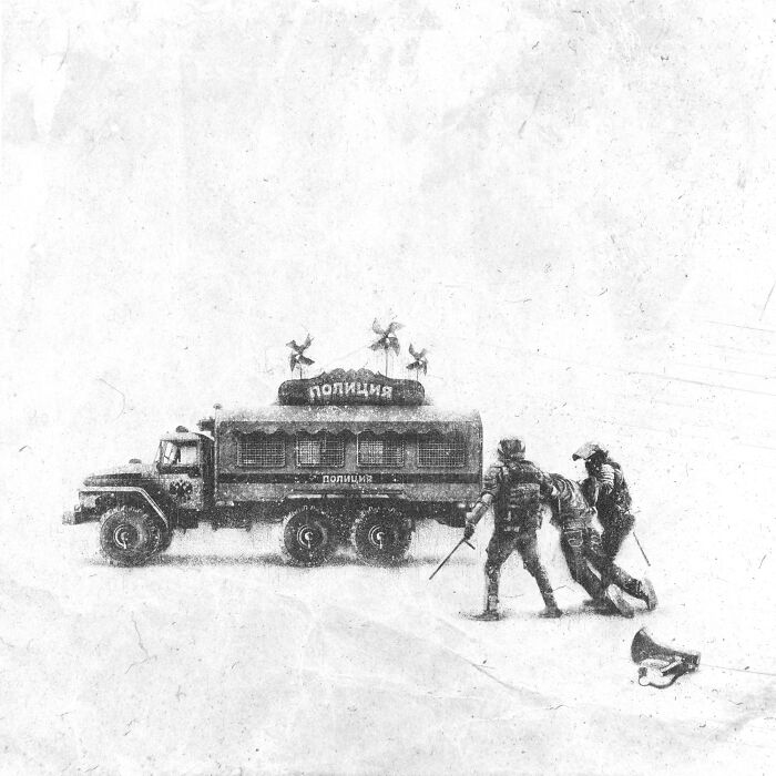 Artwork depicting chaos with a police vehicle, officers, and a subdued individual, symbolizing the madness of our times.