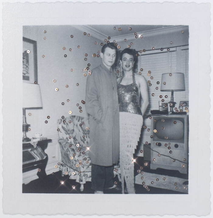 A vintage couple in a decorated room, embodying love without boundaries, surrounded by sequins.