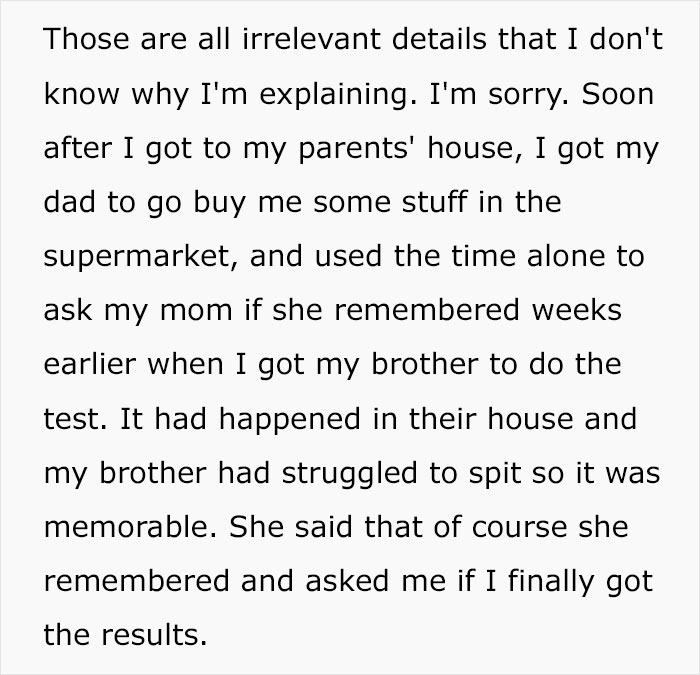 Text screenshot discusses a woman reflecting on her family's DNA test experience.