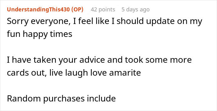 Young woman with good credit score discusses taking more cards out, mentioning random purchases in a message update.