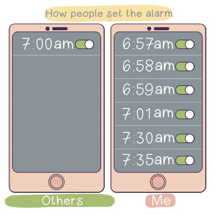 Comic showing how people set alarms; one phone with a single alarm, another with multiple alarms, illustrating everyday life.