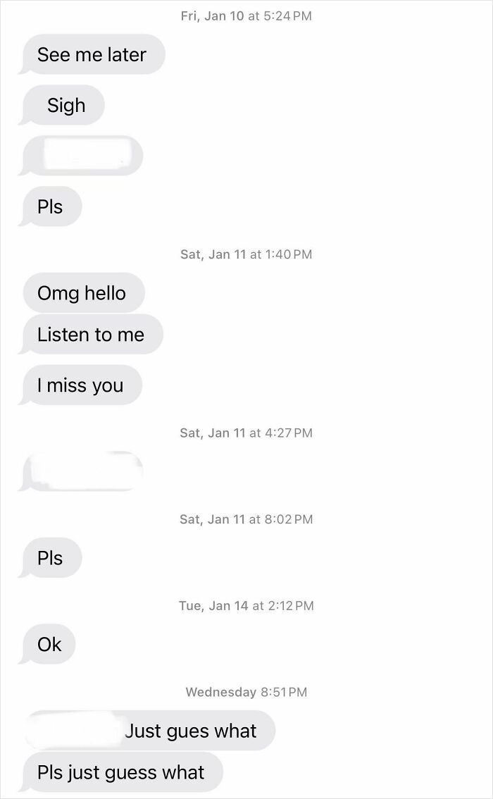 Text messages implying someone needs a reality check, repeating phrases like "pls" and "miss you."