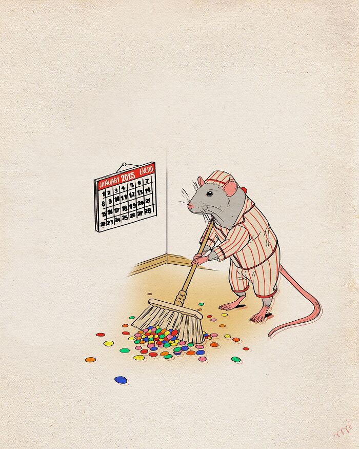 A rat in pajamas sweeps colorful circles near a January calendar, in a funny illustration by María Jesús Contreras.