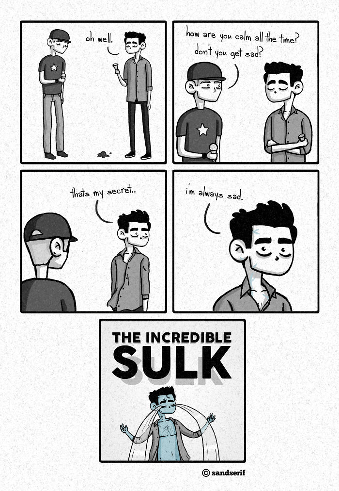 Black and white comic with dark twists showing a man revealing he is always sad, featured in funniest comics collection.