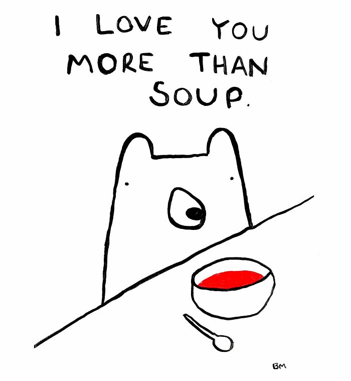 Cartoon bear expressing love more than soup with a simple drawing style.