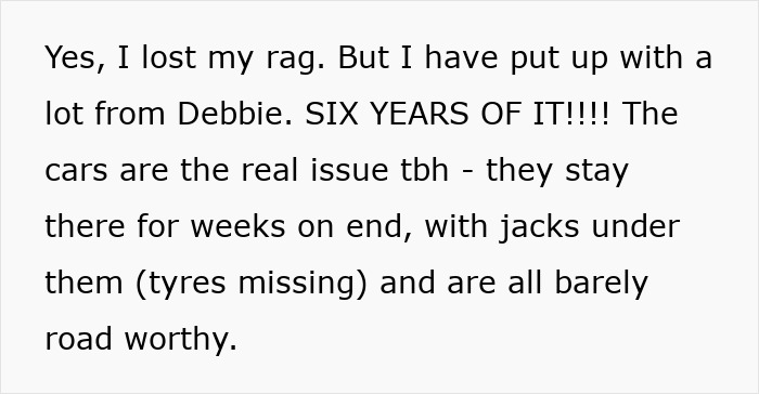 Text about neighbor conflict over dogs, cats, and cars, highlighting frustrations and unresolved issues.