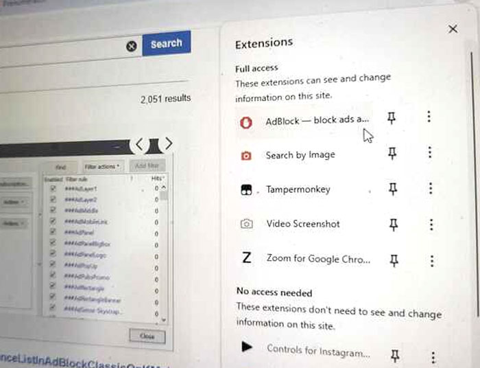Browser showing internet hacks with ad blocker and browser extensions list.
