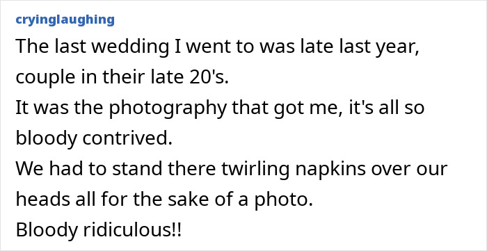 Social media post discussing whether new generations have ruined the joy of weddings with staged photography moments.