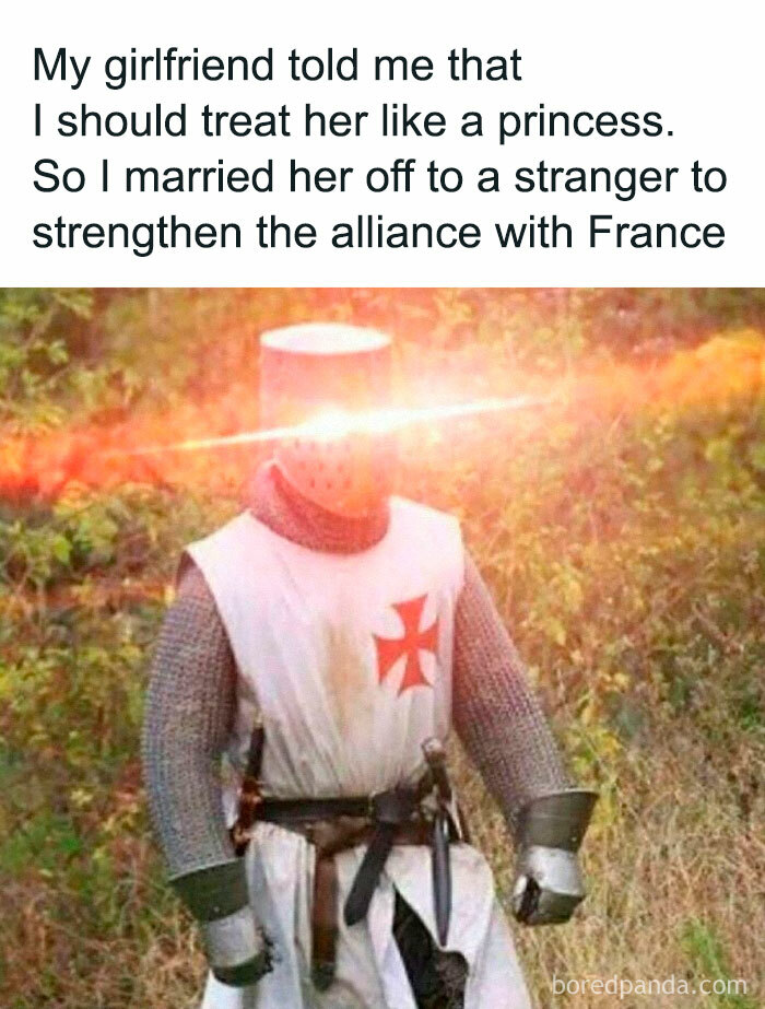 A knight in armor with glowing eyes, embodying a funny, random meme about treating someone like a princess.