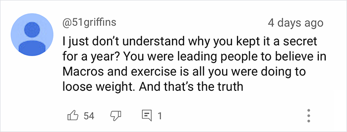 Comment from a social media user criticizing a fitness influencer after revealing the truth behind her weight loss. Comment from a social media user criticizing a fitness influencer after revealing the truth behind her weight loss.
