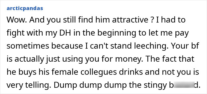 Text comment about being sick of paying for boyfriend while he splurges on female colleagues and accuses her of jealousy.